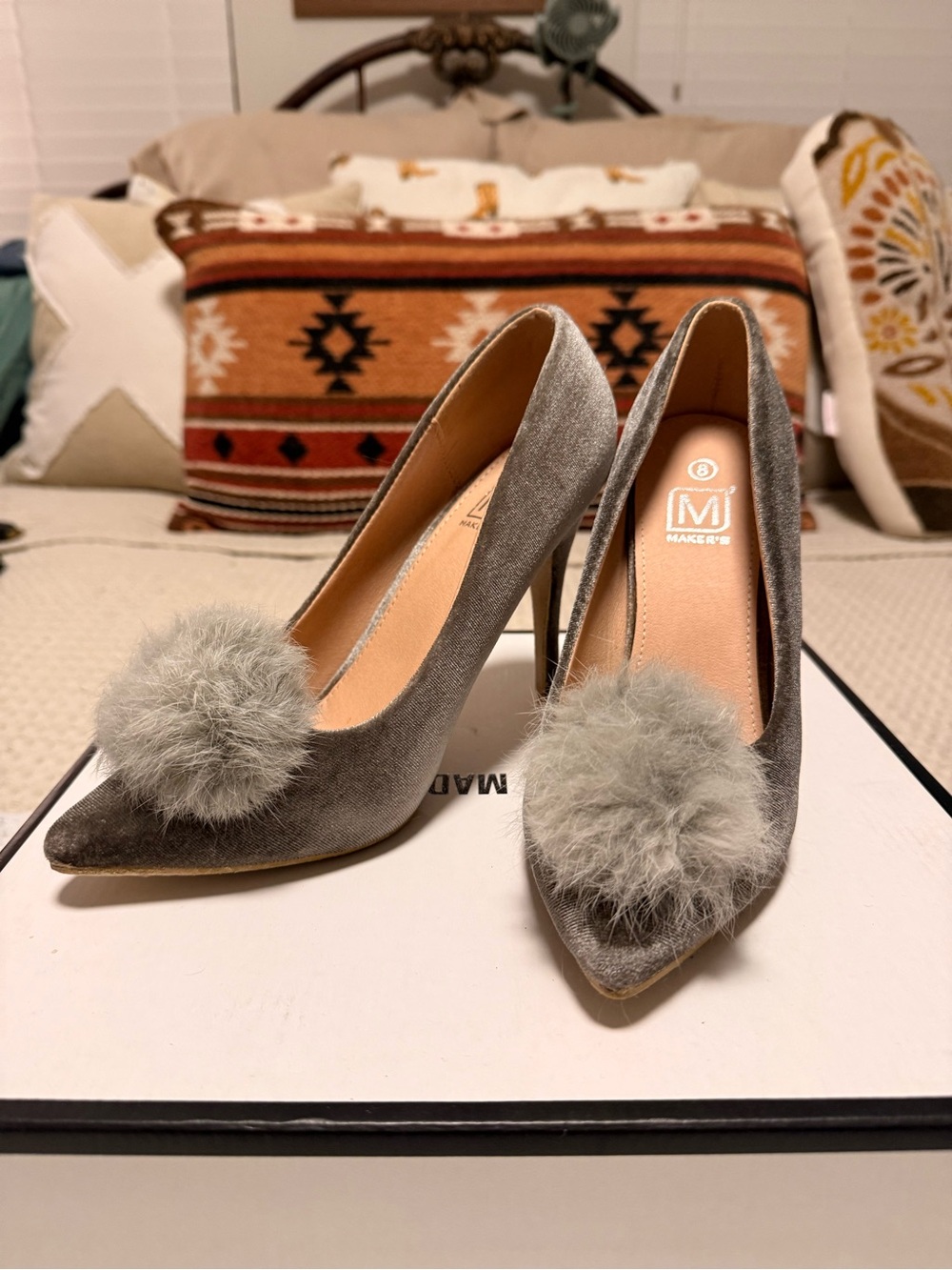 Maker’s Pointed-Toe Gray Velvet Pumps with Pom-Pom Accent
